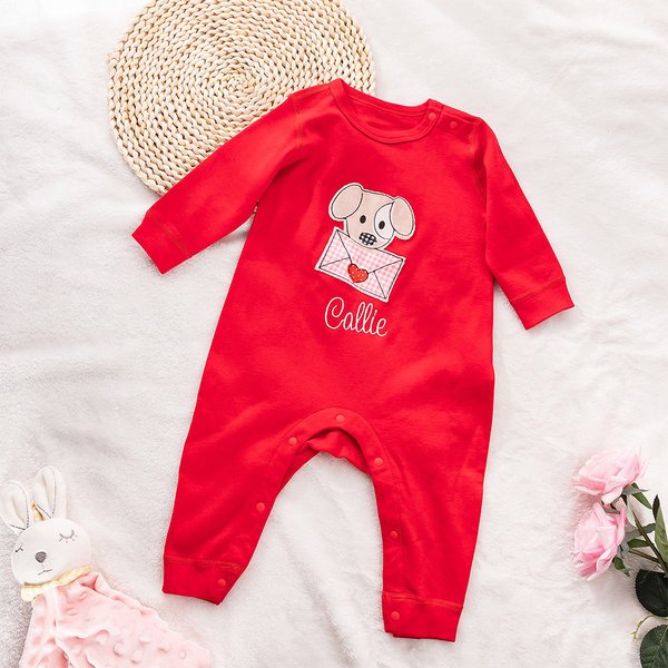 Personalised Embroidered Love Letter Puppy 100% Cotton Baby Romper Puff T-shirt with Name Birthday Valentine's Day Gift for Boys Girls