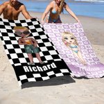 Gepersonaliseerde Gestreepte Geruite Oversized Sneldrogende Strandhanddoek met Naam Zomer Vakantie Verjaardagscadeau voor Familie Vrienden
