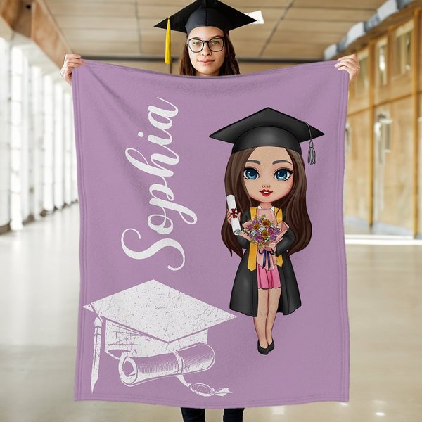Personlig tegneserie Graduate Character Soft Throw Blanket med navn Hjemmedekorasjon Gratulerer med eksamen Gave til skolekamerater Venner