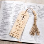 Segnalibro personalizzato in legno con nome inciso e nappe di perline Compleanno religioso Battesimo per la famiglia Cristiani