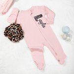 Personalised Embroidered Leopard Initial Name 100% Cotton Baby Romper Headband Set with Zipper Birthday Baby Shower Gift for Newborns