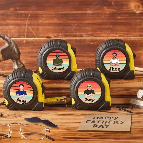 Personalised Rainbow Cartoon Man Character Tape Measure with Name and Wristband Handmade Tool Birthday Father's Day Gift for Architects Craftsmen