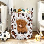 Personalisierte niedlichen Hochland Kuh wasserdicht Wäsche Aufbewahrungskorb mit Namen und Griff Kinderzimmer Dekoration Geburtstag Housewarming Geschenk für Kinder Familie