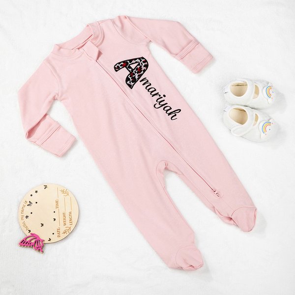 Personalised Embroidered Leopard Initial Name 100% Cotton Baby Romper Headband Set with Zipper Birthday Baby Shower Gift for Newborns