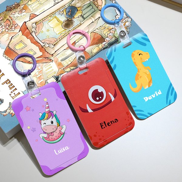 Portatarjetas con mosquetón personalizado con nombre y motivo de monstruo animal regalo de cumpleaños y regreso a la escuela para niños y estudiantes