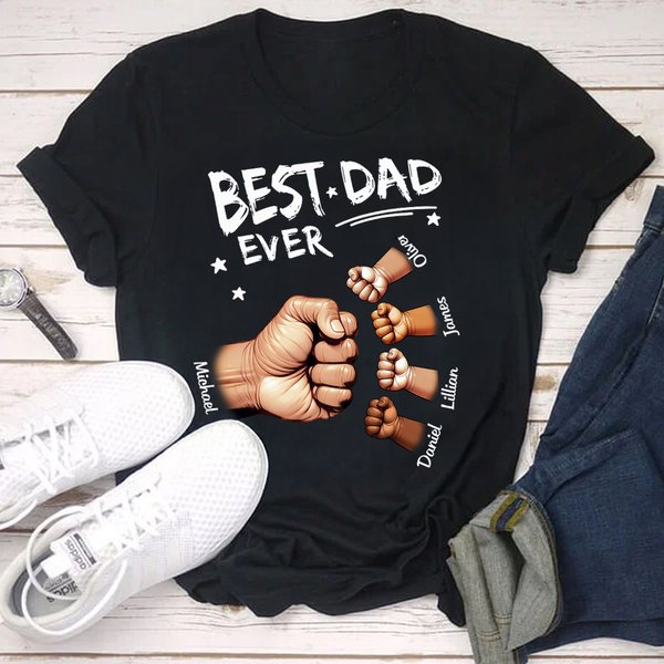 Personalised Best Dad Ever Fist Bump 100% Cotton T-shirt with Name Father's Day Birthday Gift for Dad Grandpa