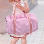 Bordado personalizado Nombre Rayas Seersucker Grande Danza Bolsa Duffle con correa para el hombro Regalo de cumpleaños de vuelta al cole para niñas