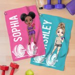 Personalised Cartoon Fitness Dumbbell Character Name Soft Sports Towel with Hanging Clip Sport Accessories Team Birthday Gift for Gym Lover Women