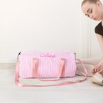 Bordado personalizado Nombre Rayas Seersucker Grande Danza Bolsa Duffle con correa para el hombro Regalo de cumpleaños de vuelta al cole para niñas