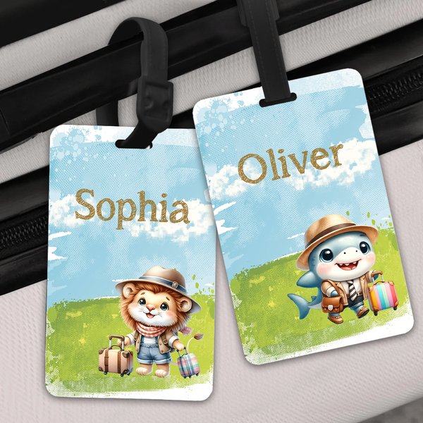 Personalized Cute Cartoon Lion Shark Vacation Animals Luggage Tag with Name Travel Accessories Birthday Holiday Gift for Kids