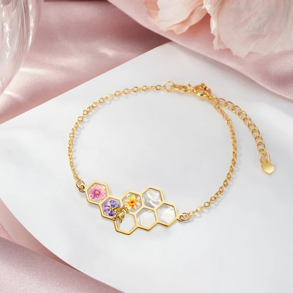 Personalized 1-12 Birth Flowers Bee Honeycomb Bracelet Dainty Jewelry Birthday Mother's Day Gift for Women