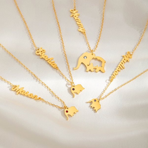 Personalized Elephant Mom and Kid Necklace Set with Name and Birthstone Dainty Jewelry Mother’s Day Birthday Gift for Her
