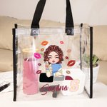Bolsa personalizada grande y transparente con diseño de lápiz de labios y chica de moda con nombre regalo de cumpleaños para mujeres