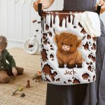 Personalisierte niedlichen Hochland Kuh wasserdicht Wäsche Aufbewahrungskorb mit Namen und Griff Kinderzimmer Dekoration Geburtstag Housewarming Geschenk für Kinder Familie