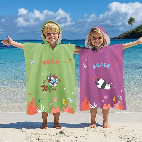 Henkilökohtainen Monivärinen Sukellus Bear Rabbit Eläimet Pehmeä Nopea Kuivaus Hupullinen Rantapyyhe nimi Beach Pool Essentials Syntymäpäivälahja lapsille