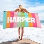Personalised Colourful Classic Stripe Name Oversized Quick Dry Beach Towel Drawstring Bag Travel Essentials Summer Holiday Party Gift for Family Friend