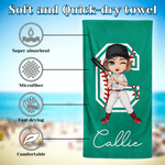 Personalized Cartoon Baseball Tennis Character Quick Dry Oversized Beach Towel with Name and Initial Summer Vacation Pool Party Gift for Sports Lovers
