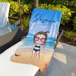 Toalla de playa personalizada de tamaño grande con personaje de dibujo animado y nombre regalo para fiesta en la playa para niños en verano