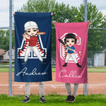 Personalized Cartoon Baseball Tennis Character Quick Dry Oversized Beach Towel with Name and Initial Summer Vacation Pool Party Gift for Sports Lovers