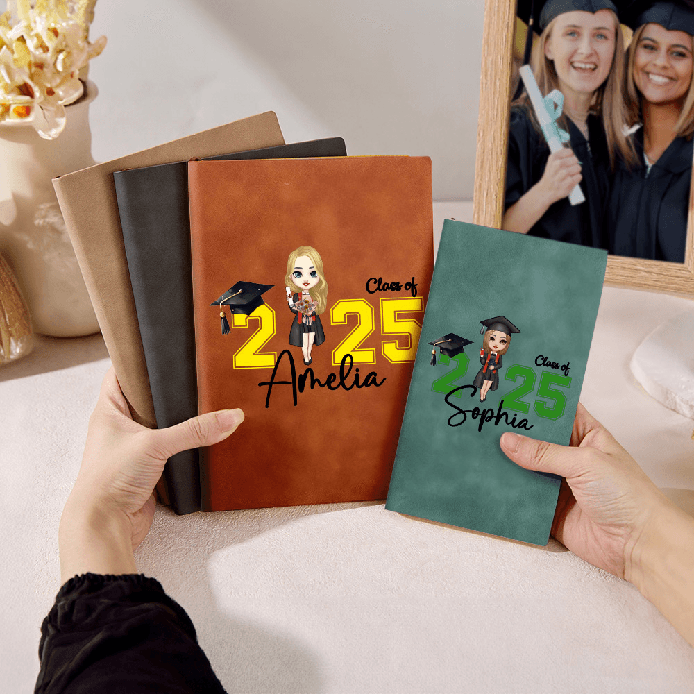 Personalized Cartoon Graduation Character Leather Notebook with Name, A5/A6 Graduation Travel Journal, Graduation Gift for Boys/Girls