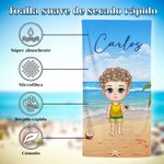 Toalla de playa personalizada de tamaño grande con personaje de dibujo animado y nombre regalo para fiesta en la playa para niños en verano