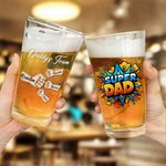 Vaso de Cerveza Personalizado Super Dad Fist Bump 16 oz Clear Beer Glass con 1-6 Nombres de Niños Regalo de Cumpleaños del Día del Padre para los Amantes de la Cerveza de Papá