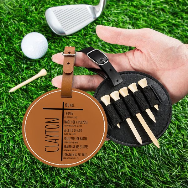 Personalized Cross You Are Chosen PU Leather Golf Bag Tag Tee Holder with Name Golf Accessory Birthday Gift for Christian Golf Player Lover