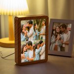 Personalised 1-4 Photos Faux Wood Grain LED Photo Frame Mirror with Three-colour Dimming  Anniversary Birthday Holiday Gift for Couples Family Friends