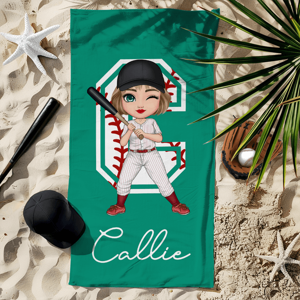 Personalized Cartoon Baseball Tennis Character Quick Dry Oversized Beach Towel with Name and Initial Summer Vacation Pool Party Gift for Sports Lovers