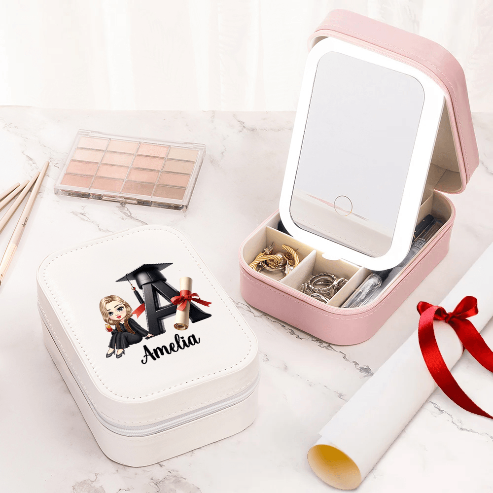 Personalized Cartoon Graduation Character Leather Jewelry Box with Name, Portable Makeup Mirror Box with LED Lights, Graduation Gift for Girls/Her