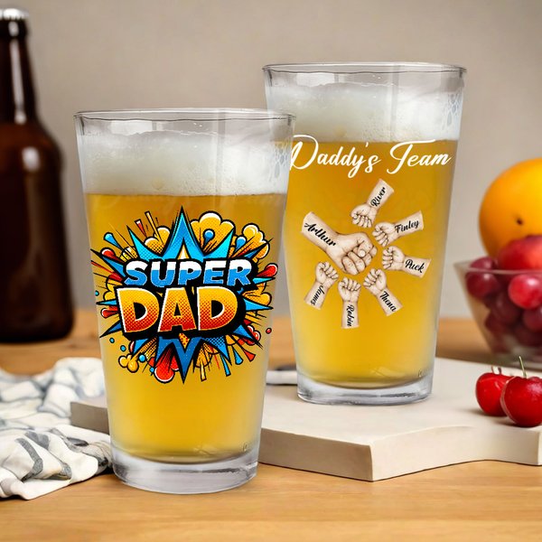 Gepersonaliseerd Super Papa Vuistslag 16 oz Helder Bierglas met 1-6 Kindernamen Vaderdag Verjaardagscadeau voor Papa Bierliefhebbers