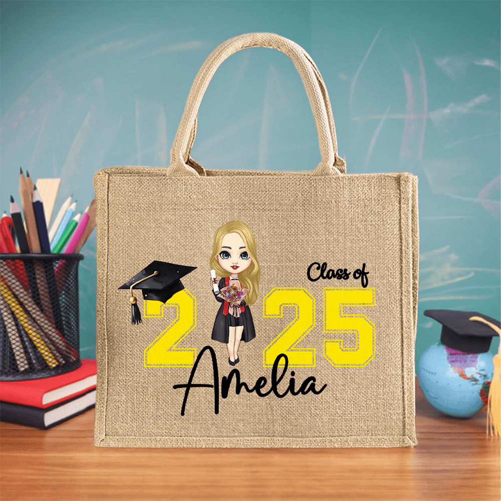 Personalized Cartoon Graduation Character Tote Bag with Name, Large Capacity Burlap Jute Bag, Graduation Party Favor, Graduation Gift for Boys/Girls