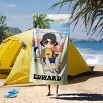 Gepersonaliseerd extra groot sneldrogend strandlaken met cartoonfiguur en naam strandfeest en verjaardagscadeau voor familie en vrienden