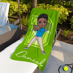Personalized Cartoon Baseball Tennis Character Quick Dry Oversized Beach Towel with Name and Initial Summer Vacation Pool Party Gift for Sports Lovers