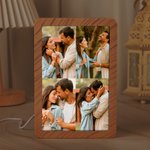 Personalised 1-4 Photos Faux Wood Grain LED Photo Frame Mirror with Three-colour Dimming  Anniversary Birthday Holiday Gift for Couples Family Friends