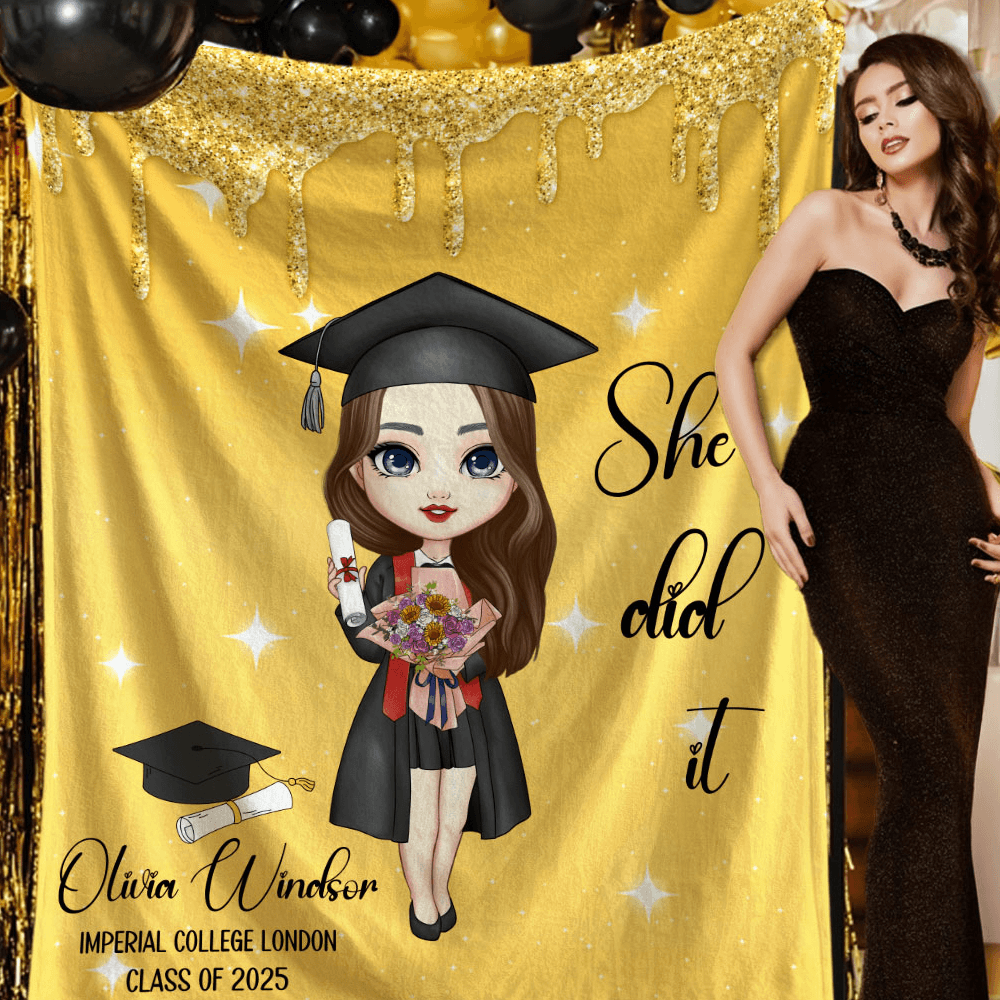 Personalized Graduation Cartoon Character with Bachelor's Hat Blanket, Custom Name Throw Blanket, Graduation Party Favor, Graduation Gift for Boy/Girl