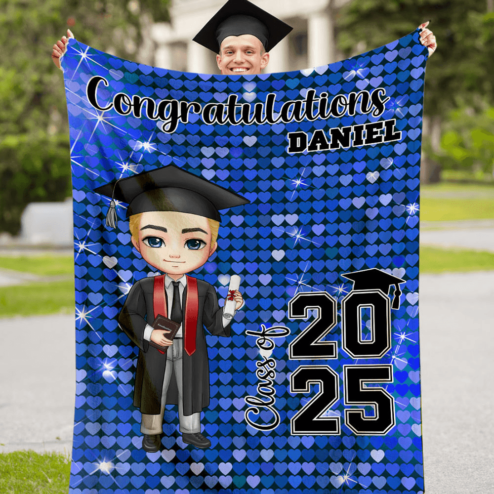 Custom Graduation Cartoon Character Blanket with Faux Glitter Background, Custom Name & Year Sherpa Flannel Blanket, Graduation Gift for Boys/Girls