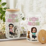 Personnalisé Dog Mom 3D Cartoon Character and 1-4 Dogs 20 oz Frosted Glass Cup with Lid and Straw Birthday Gift for Women Dog Lovers (Cadeau d'anniversaire pour les femmes aimant les chiens)