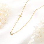 Personalized Side Cross Birthstone Necklace Valentine's Day Dainty Jewellery Communion Christian Anniversary Gift for Women