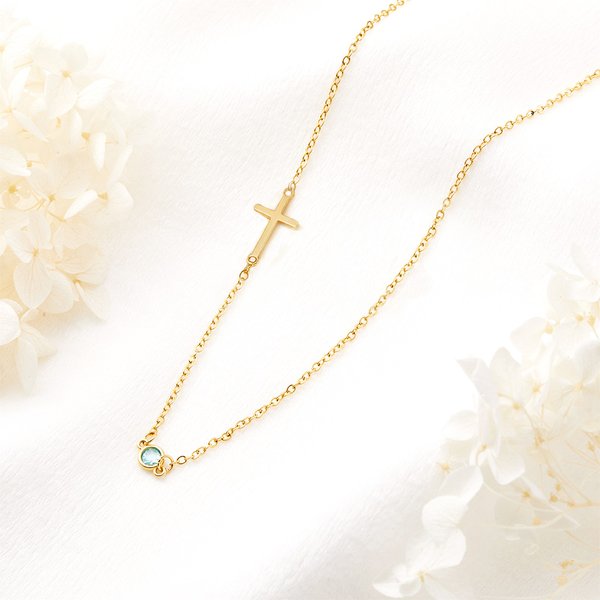 Personalized Side Cross Birthstone Necklace Valentine's Day Dainty Jewellery Communion Christian Anniversary Gift for Women