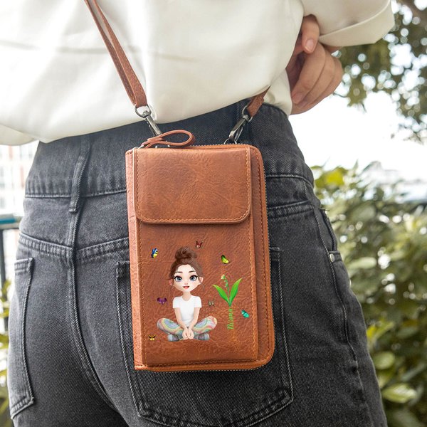 Personlig 3D tecknad flicka Födelseblomma Läder Telefon Plånbok Crossbody Väska med namn Bärbar Resa Essentials Födelsedagspresent för kvinnor