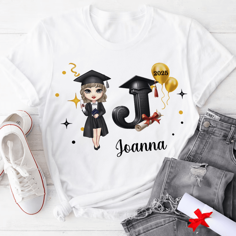 Personalized Graduation Cartoon Character T-shirt with Bachelor's Hat, Custom Name & Alphabet Graduation Sweatshirt, Graduation Gift for Boys/Girls