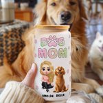 Personnalisé Dog Mom 3D Cartoon Character and 1-4 Dogs 20 oz Frosted Glass Cup with Lid and Straw Birthday Gift for Women Dog Lovers (Cadeau d'anniversaire pour les femmes aimant les chiens)