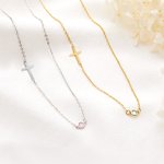 Personalized Side Cross Birthstone Necklace Valentine's Day Dainty Jewellery Communion Christian Anniversary Gift for Women