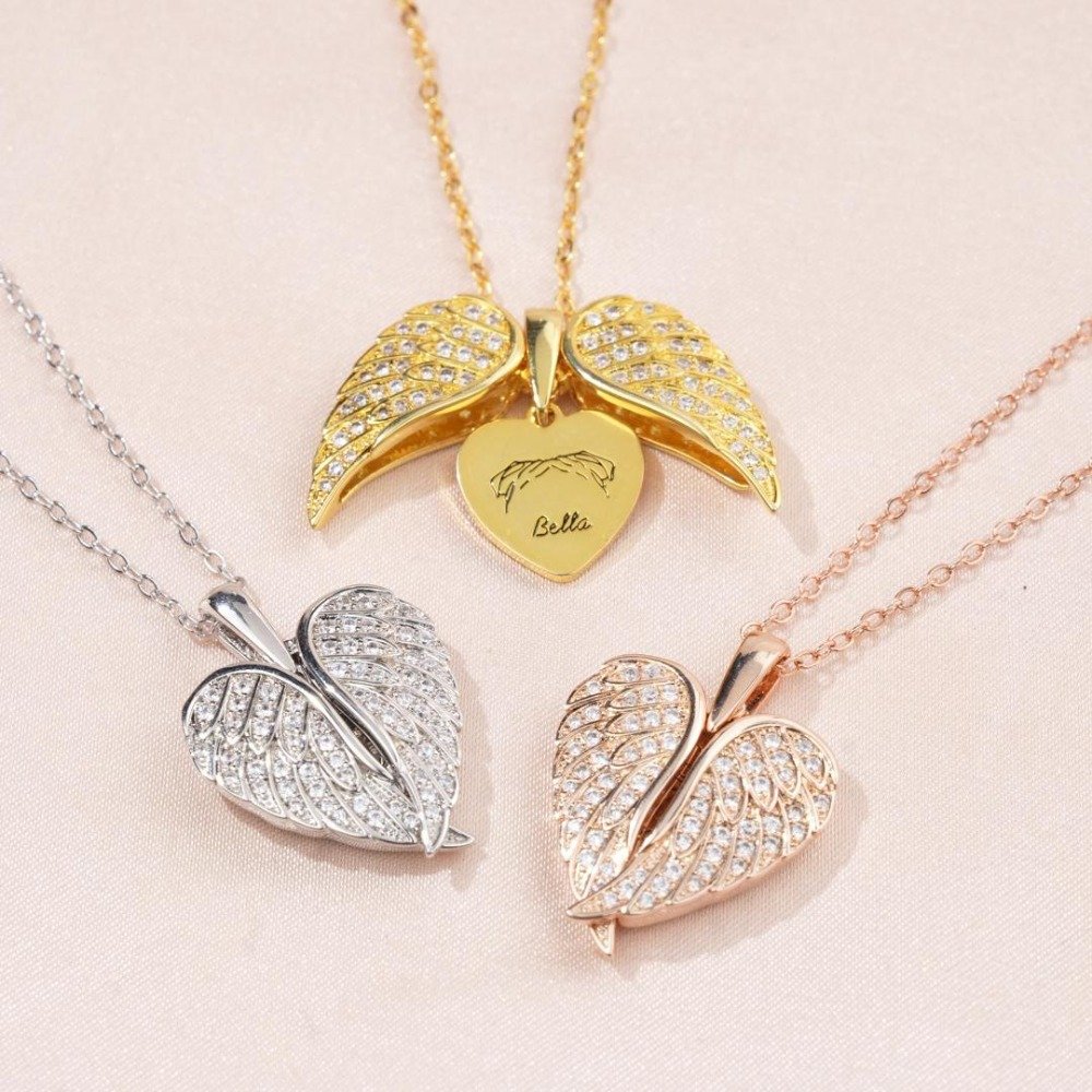 Henkilökohtainen Dainty Angel Wings Dog Cat Ears Outline Heart kaulakoru kaiverrettu nimi Syntymäpäivä Pet Loss Memorial lahja lemmikkieläinten omistajille ystäville Lovers 1