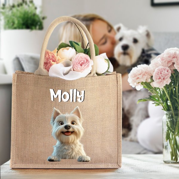 Sac Fourre-Tout en Jute Personnalisé avec 1 à 3 Chiens Dessins Animés 3D et Noms Cadeau Anniversaire pour Femmes Amoureuses des Chiens