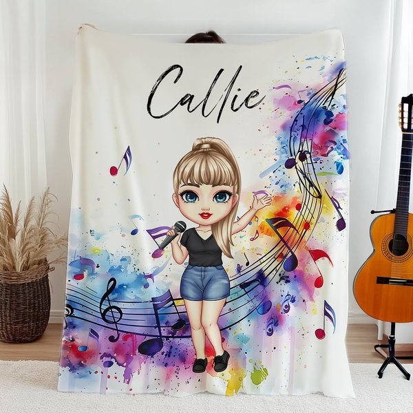 Personalised 1-2 Cartoon Characters Music Score Soft Throw Blanket with Names Home Decor Birthday Gift for Women and Music Lovers