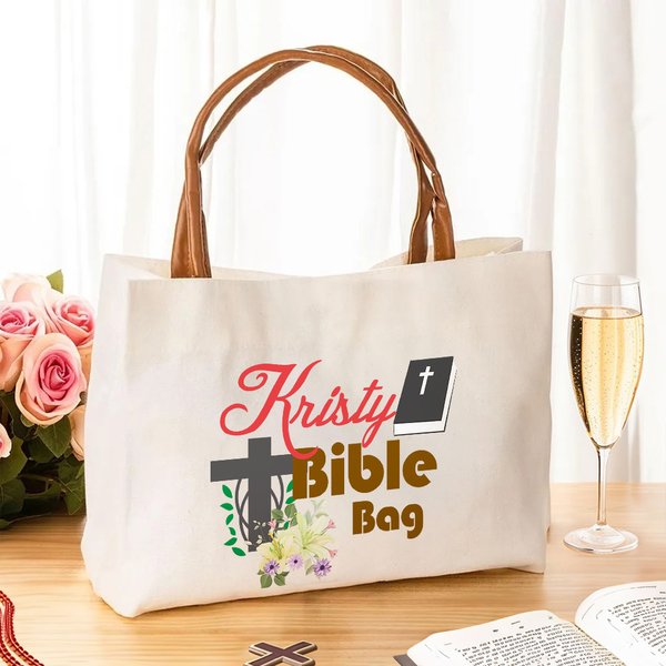 Personalized Floral Cross Bible Large Canvas Tote Bag with Name and Leather Handle Travel Accessories Religious Ceremonies Gift for Women Christian