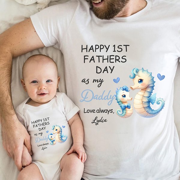 Personalisierte niedlichen Seepferdchen Igel Familie Tiere 100% Baumwolle Baby Bodysuit passenden T-Shirt mit Namen ersten Vatertag Geschenk für Papa Neugeborenen