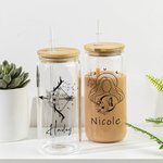 Personalised Zodiac Sign Flower Name 20 oz Can Shaped Glass Cup with Bomboo Lid and Straw Wedding Birthday Gift for Women